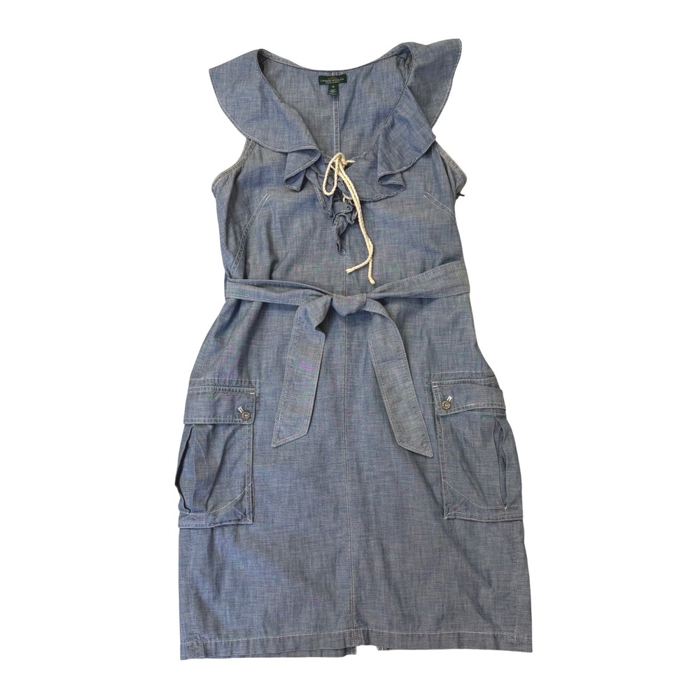 Lauren Ralph Lauren Chambray Ruffle Lace Up Cargo Utility Dress Blue Size 10